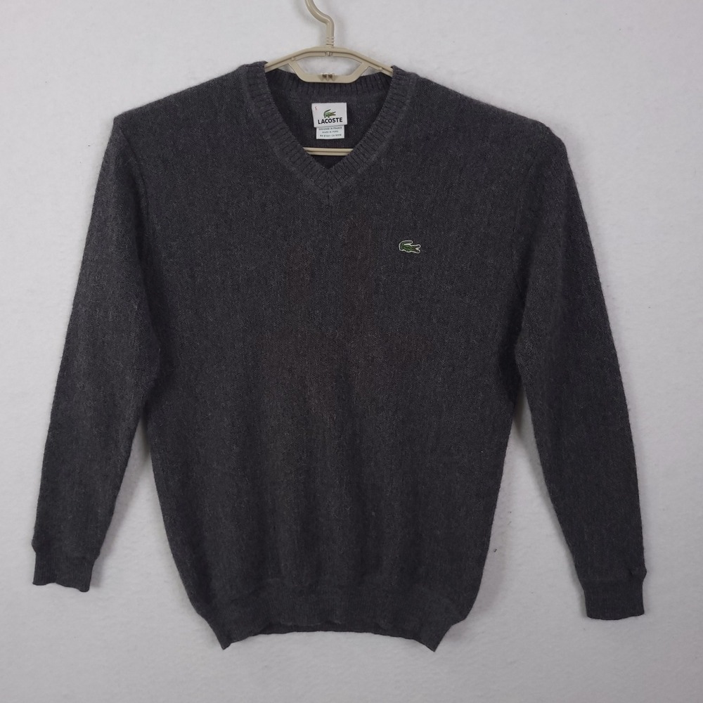 Lacoste V-Neck Sweater Mens 5 L Charcoal Grey 100% Baby Alpaca Wool Knit Logo